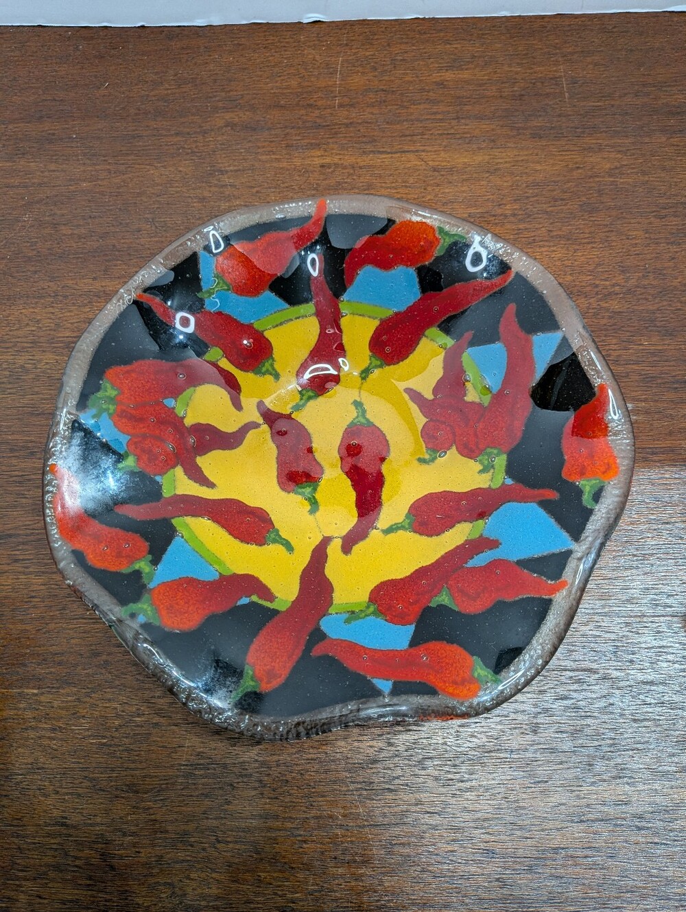 Vintage Peggy Karr Fused Art Glass Red Chili Peppers 8.5 in Plate Signed
